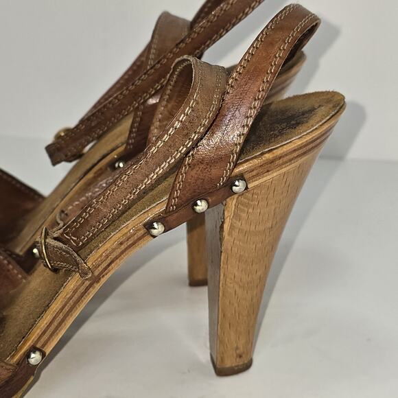 Vintage Italian Leather Wooden Heel Slingback Clog Sandals Studded Brown Size 7 - Picture 2 of 10